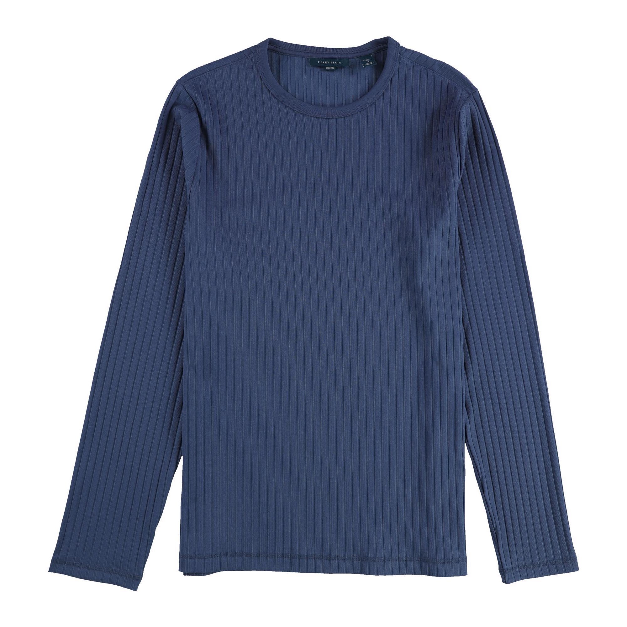 Perry Ellis Mens Ribbed Crewneck Long Sleeve T Shirt Dark Denim Blue Medium